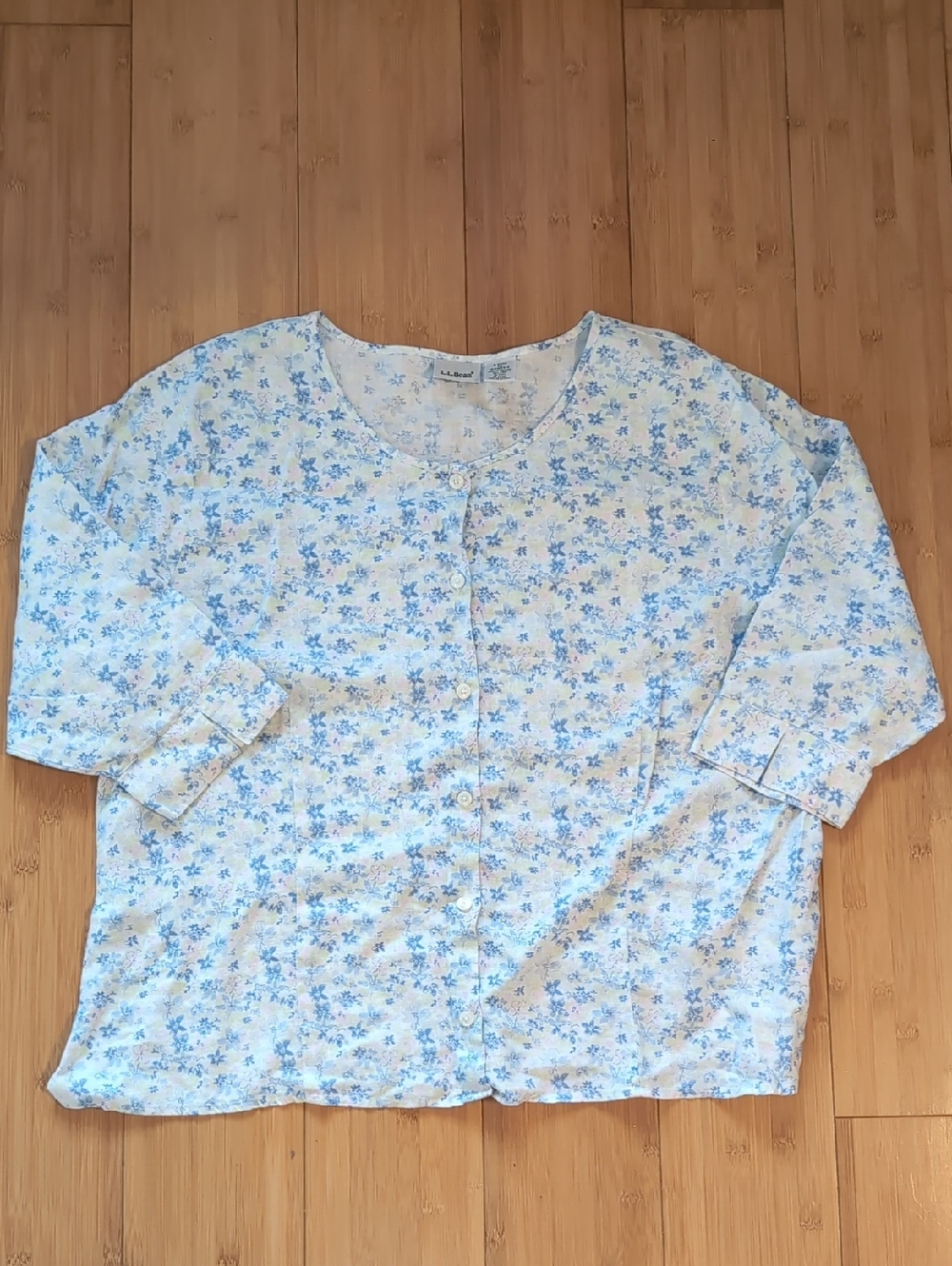 L.L. Bean 100% Linen Floral Button Up 3/4 Sleeve Top Size XL